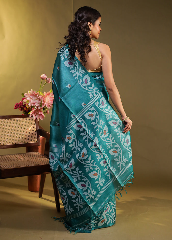 Green Handloom Tussar Pure Silk Saree With Blouse Piece