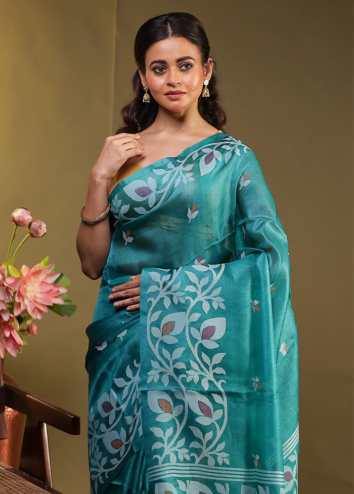 Green Handloom Tussar Pure Silk Saree With Blouse Piece