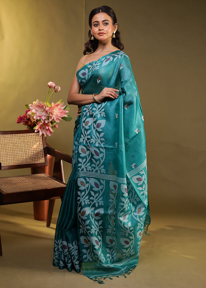 Green Handloom Tussar Pure Silk Saree With Blouse Piece