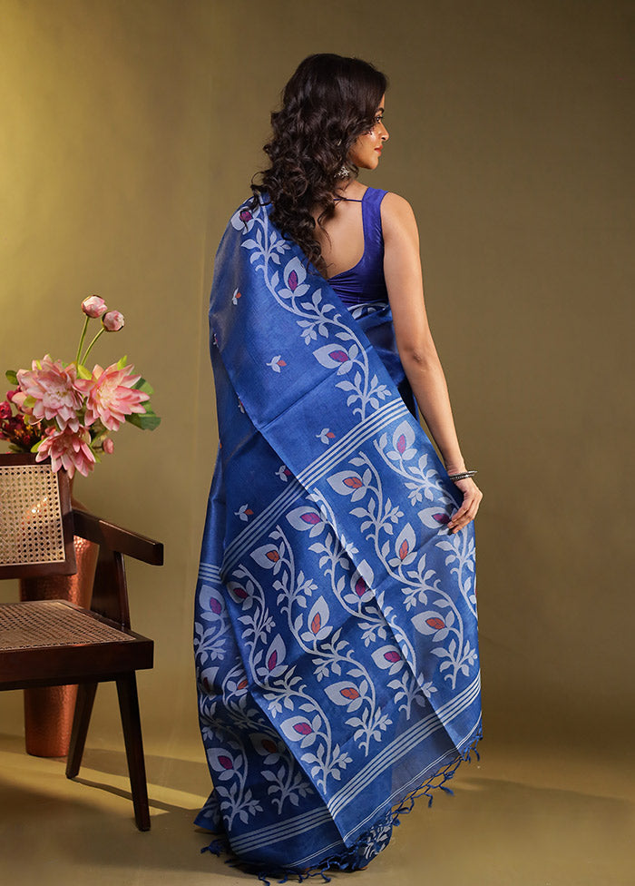 Blue Handloom Tussar Pure Silk Saree With Blouse Piece