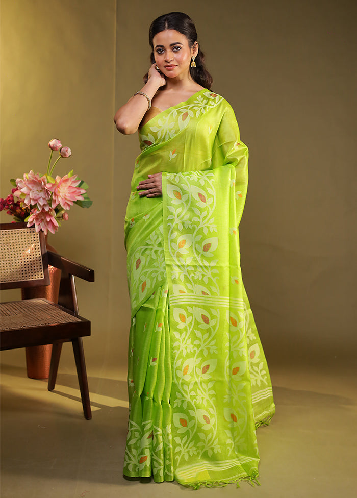 Green Handloom Tussar Pure Silk Saree With Blouse Piece