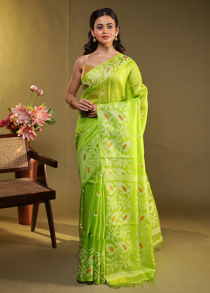 Green Handloom Tussar Pure Silk Saree With Blouse Piece