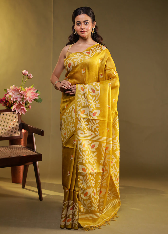 Yellow Handloom Tussar Pure Silk Saree With Blouse Piece