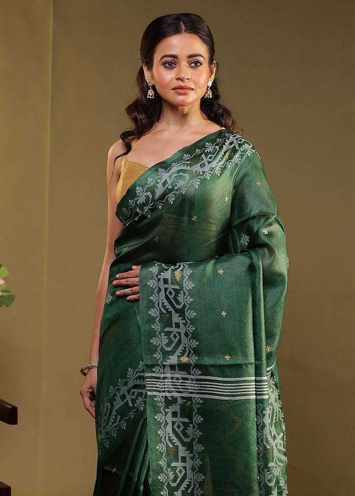 Green Handloom Tussar Pure Silk Saree With Blouse Piece