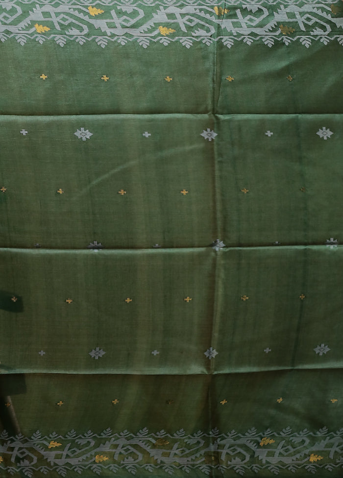 Green Handloom Tussar Pure Silk Saree With Blouse Piece