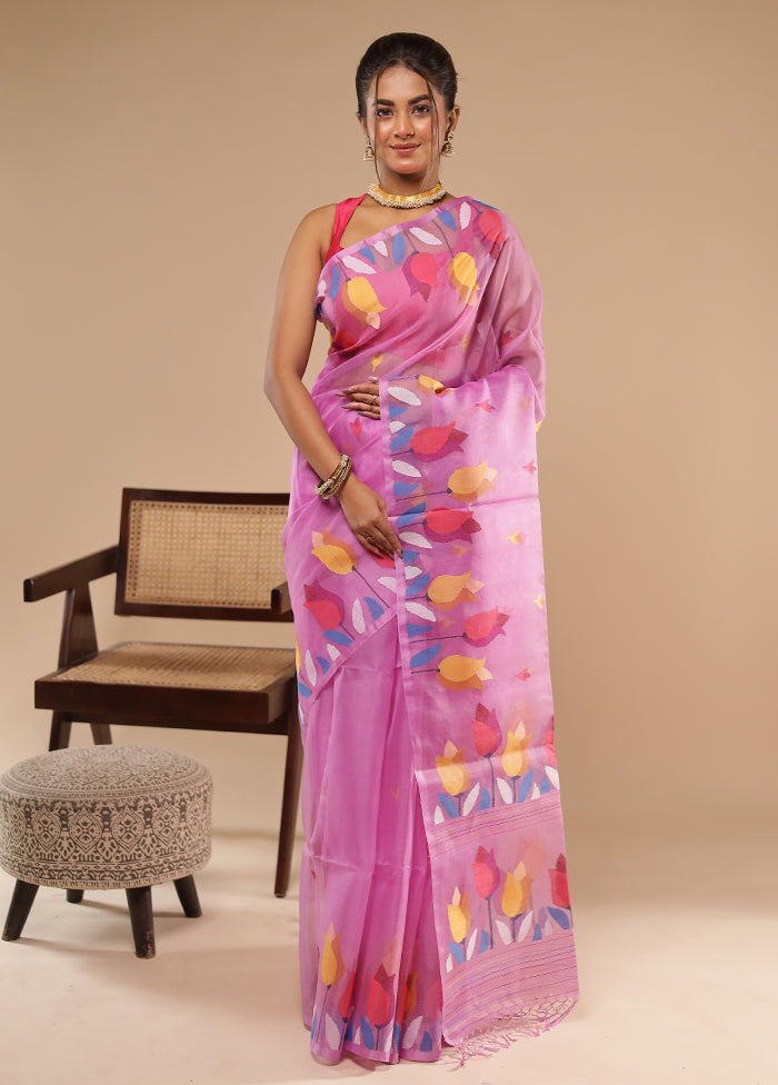 Purple Handloom Tussar Pure Silk Saree With Blouse Piece