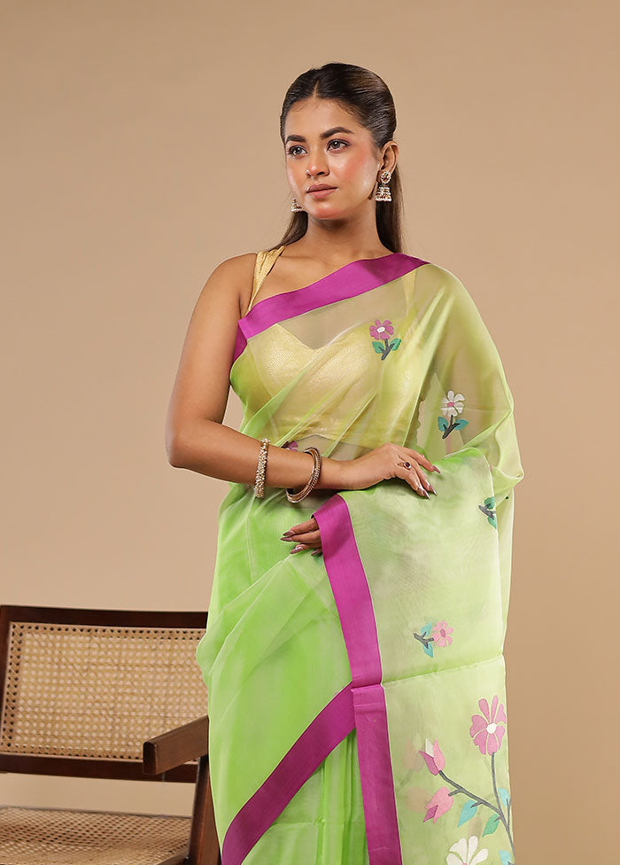Green Handloom Tussar Pure Silk Saree With Blouse Piece