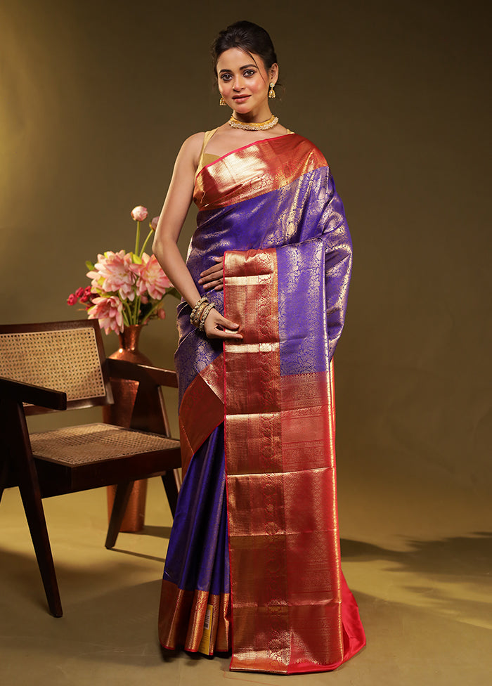 Blue Kanjivaram Silk Saree With Blouse Piece