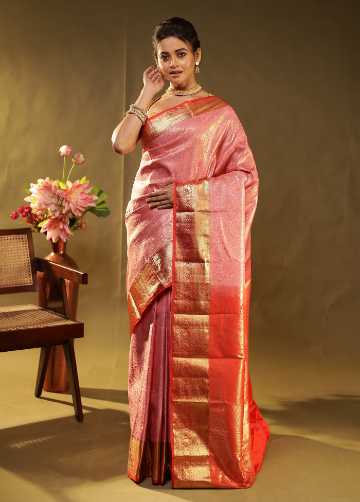 Pink Kanjivaram Silk Saree With Blouse Piece