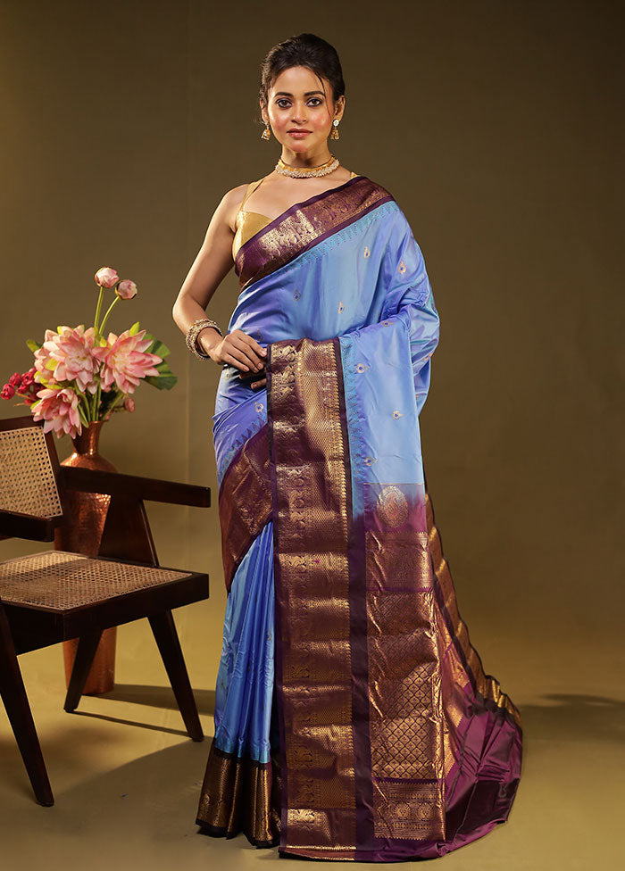 Blue Gadwal Silk Saree Without Blouse Piece