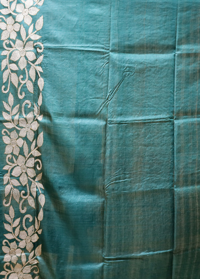 Multicolor Handloom Kantha Stitch Pure Silk Saree With Blouse Piece