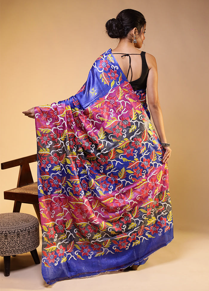 Grey Handloom Kantha Stitch Pure Silk Saree With Blouse Piece