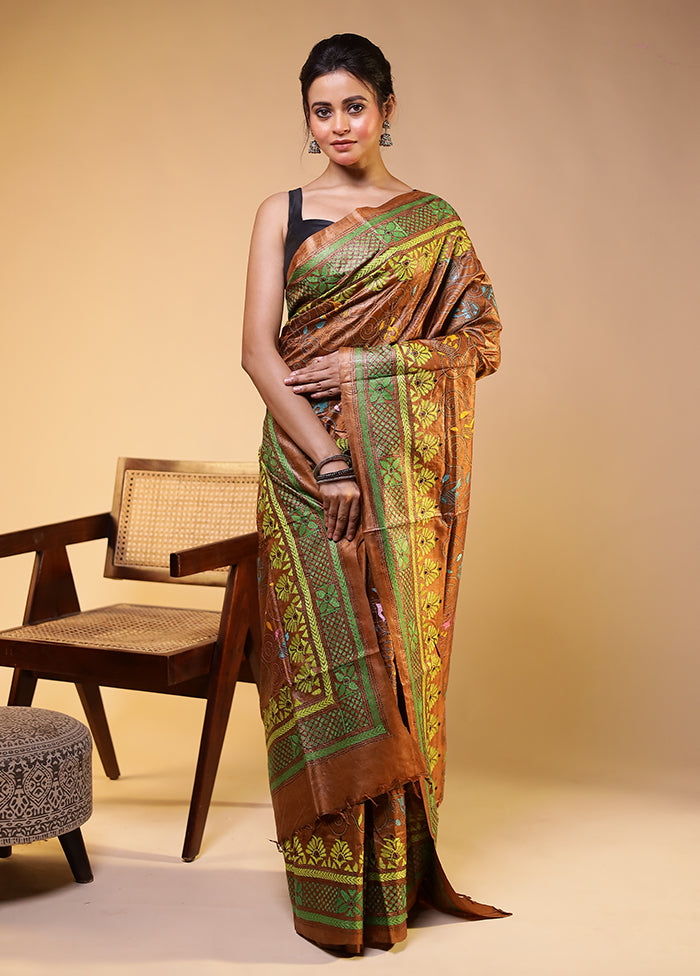 Rust Handloom Kantha Stitch Pure Silk Saree With Blouse Piece
