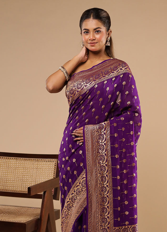 Purple Handloom Pure Georgette Saree With Blouse Piece