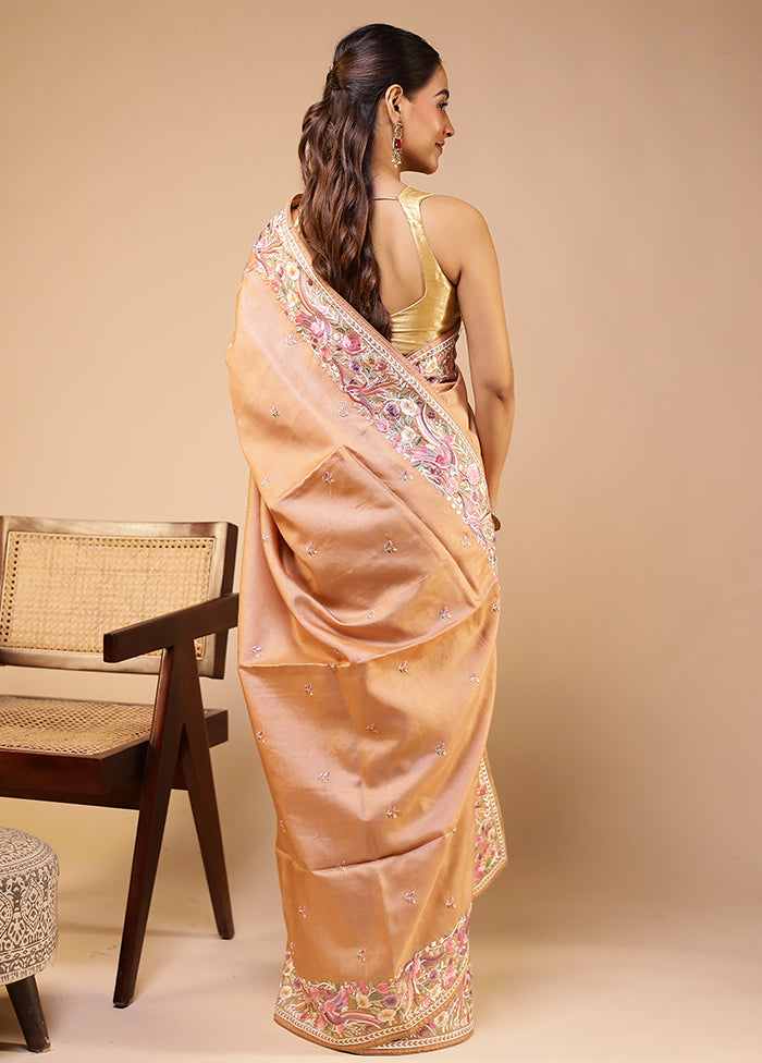 Cream Handloom Tussar Pure Silk Saree With Blouse Piece