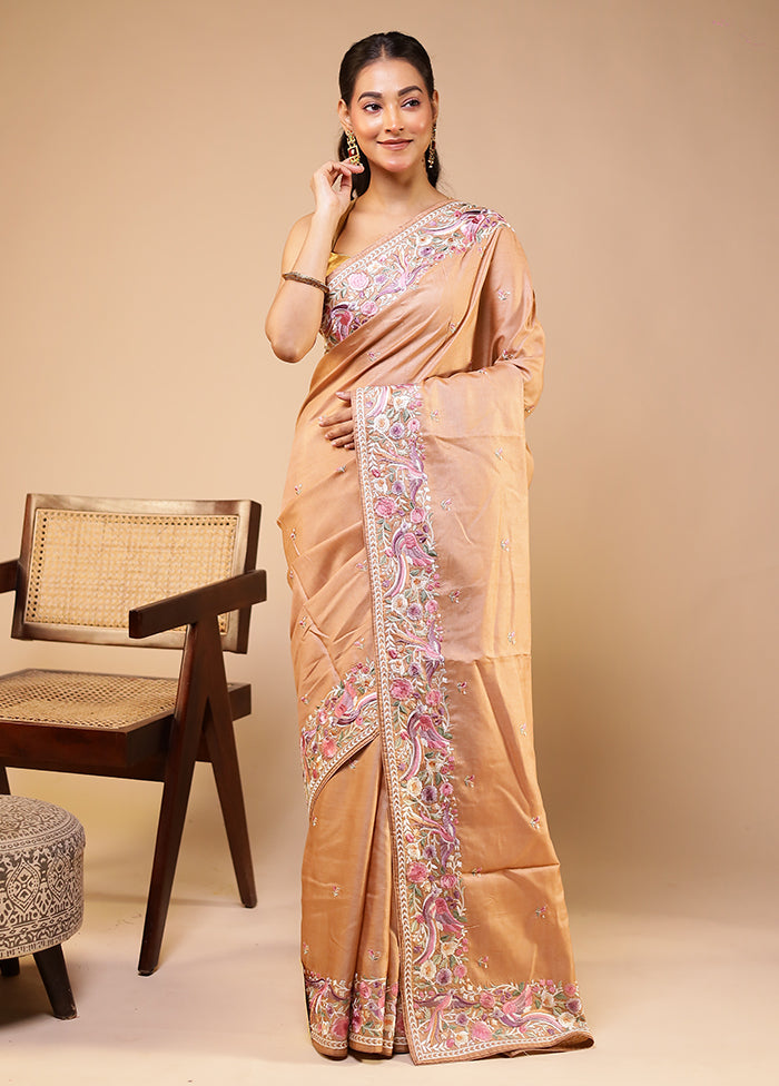 Cream Handloom Tussar Pure Silk Saree With Blouse Piece