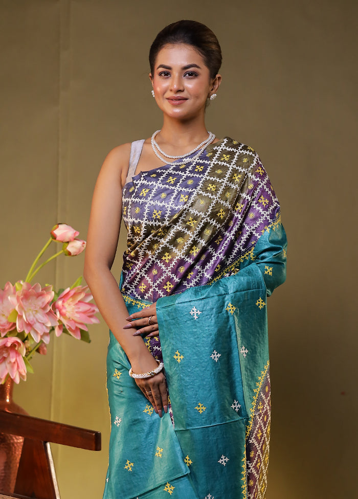 Multicolor Handloom Kantha Stitch Pure Silk Saree With Blouse Piece