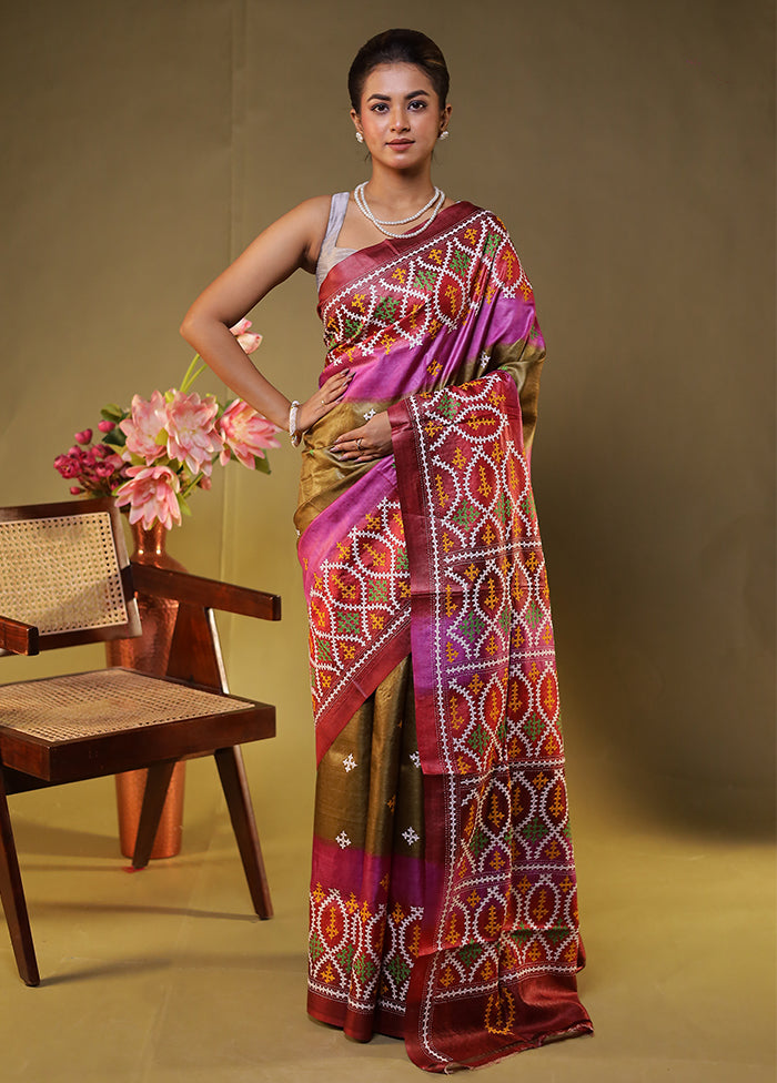 Multicolor Handloom Kantha Stitch Pure Silk Saree With Blouse Piece