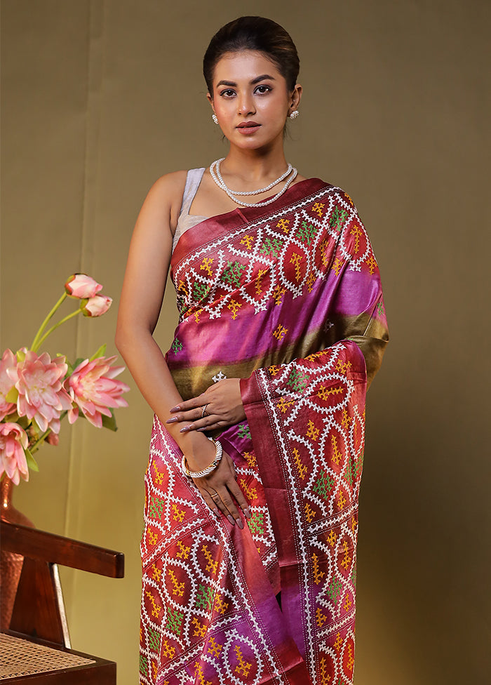Multicolor Handloom Kantha Stitch Pure Silk Saree With Blouse Piece