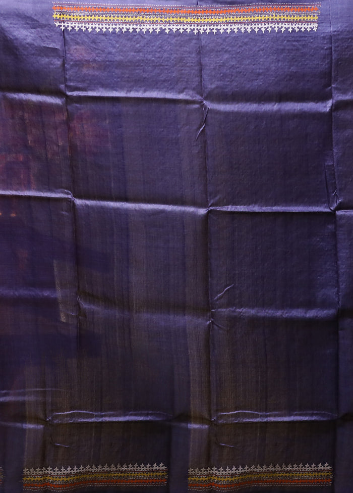 Blue Handloom Kantha Stitch Pure Silk Saree With Blouse Piece