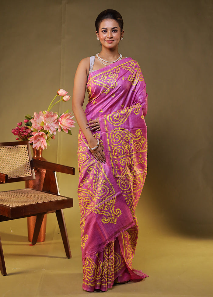 Pink Handloom Kantha Stitch Pure Silk Saree With Blouse Piece