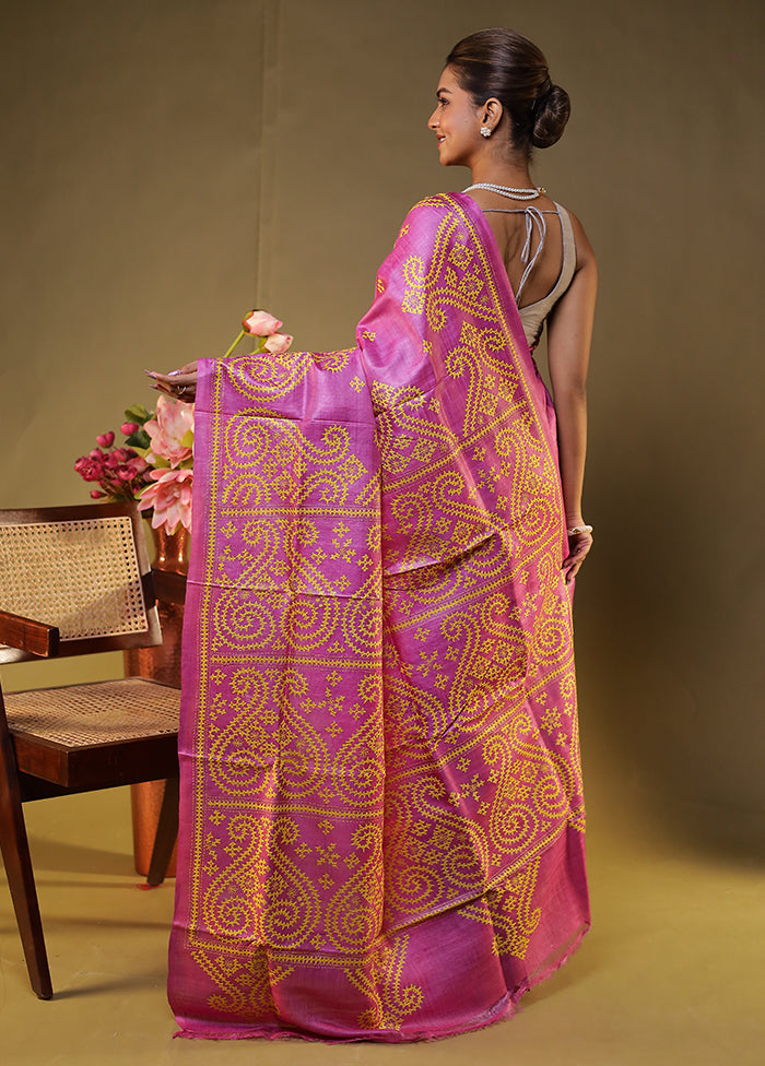 Pink Handloom Kantha Stitch Pure Silk Saree With Blouse Piece