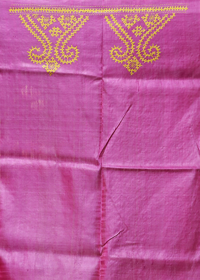 Pink Handloom Kantha Stitch Pure Silk Saree With Blouse Piece