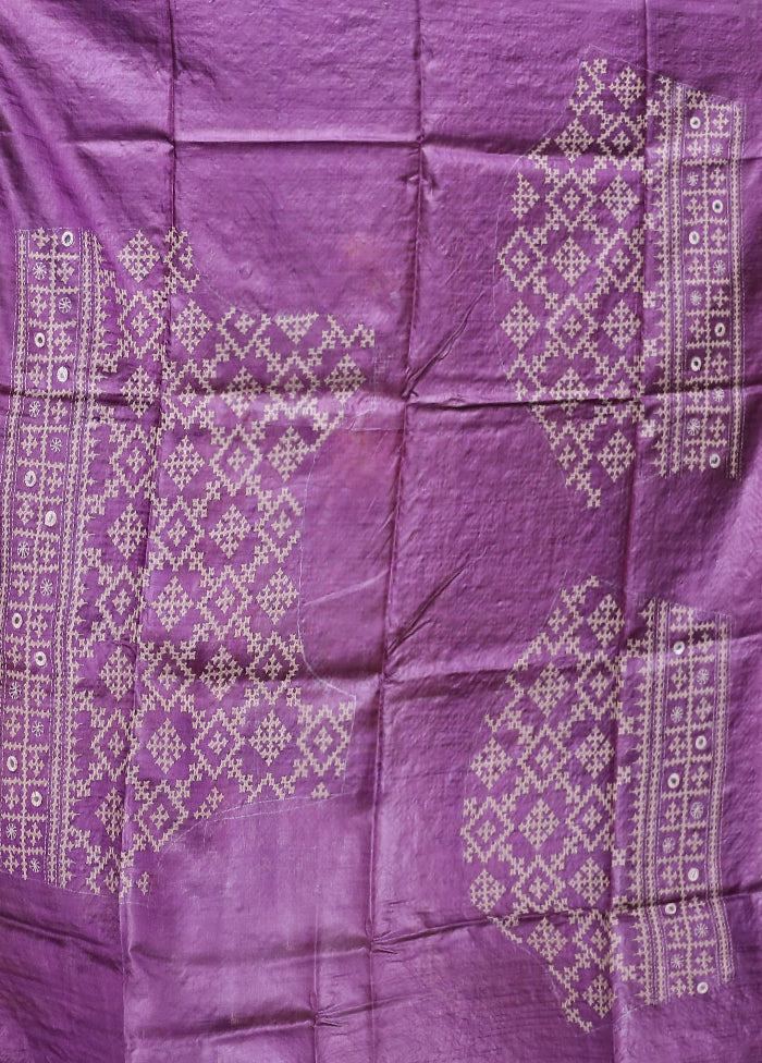Purple Handloom Kantha Stitch Pure Silk Saree With Blouse Piece
