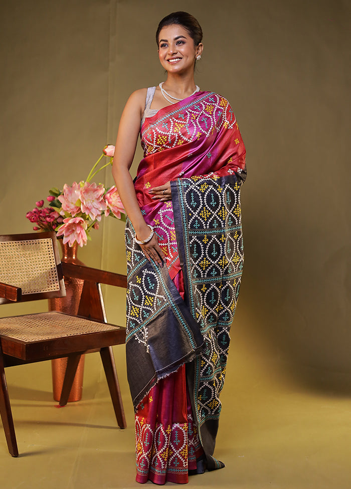 Black Handloom Kantha Stitch Pure Silk Saree With Blouse Piece