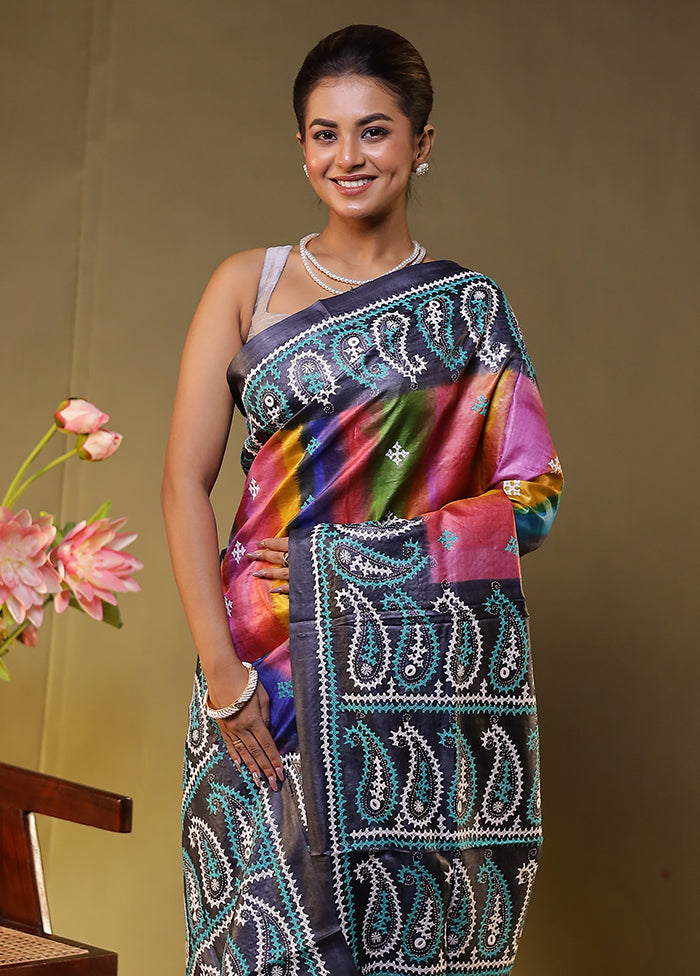 Grey Handloom Kantha Stitch Pure Silk Saree With Blouse Piece