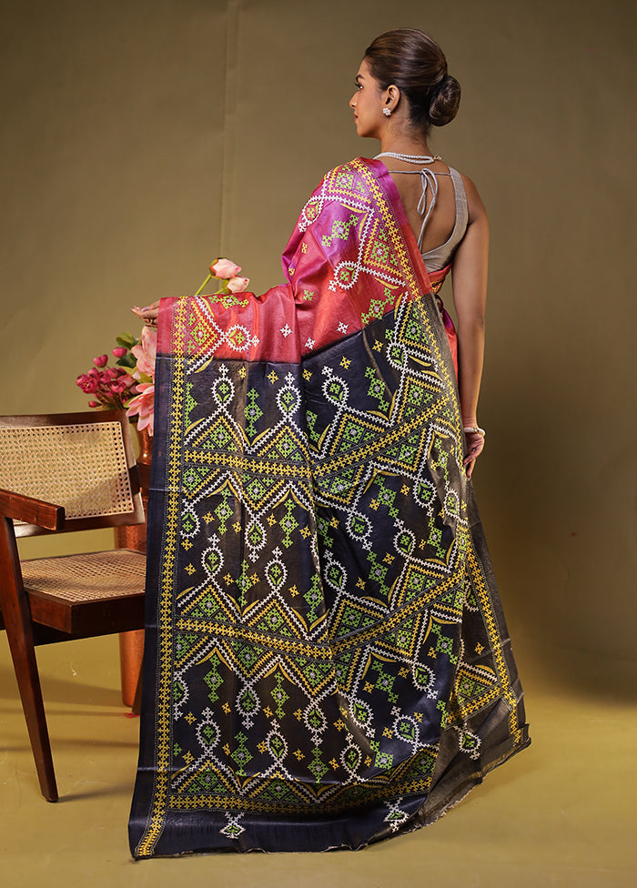 Black Handloom Kantha Stitch Pure Silk Saree With Blouse Piece