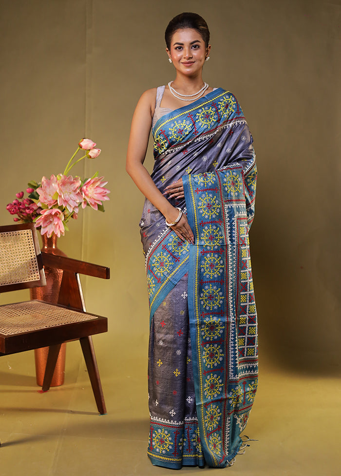 Blue Handloom Kantha Stitch Pure Silk Saree With Blouse Piece