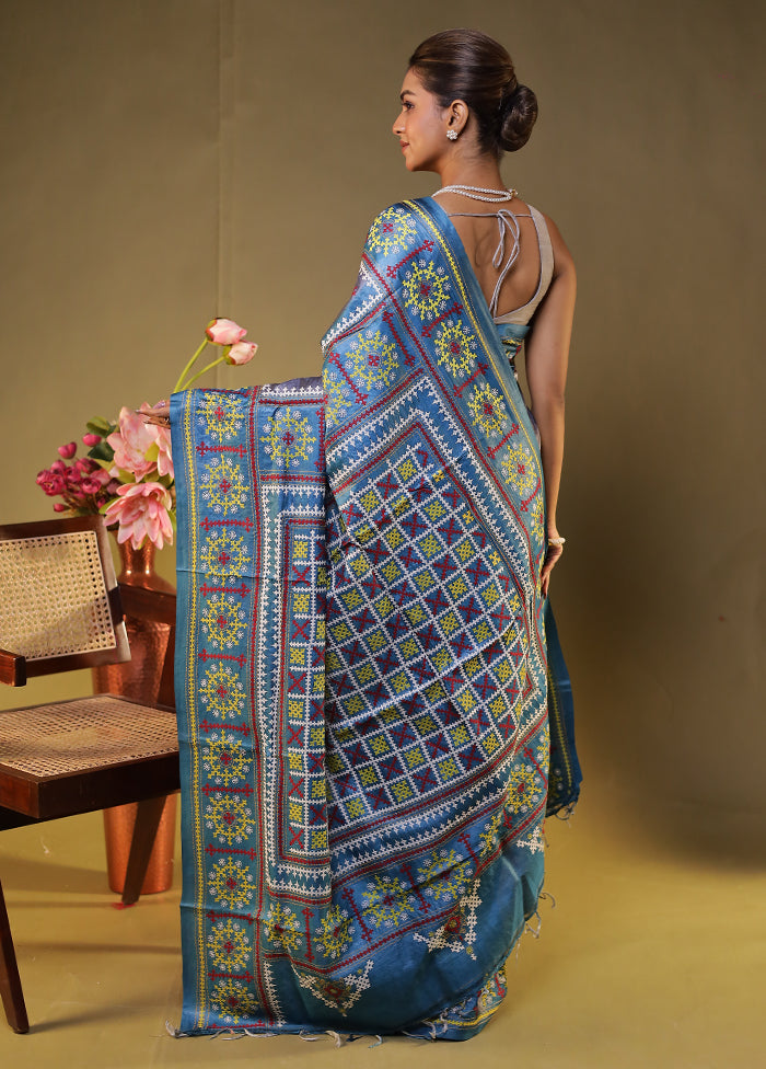 Blue Handloom Kantha Stitch Pure Silk Saree With Blouse Piece