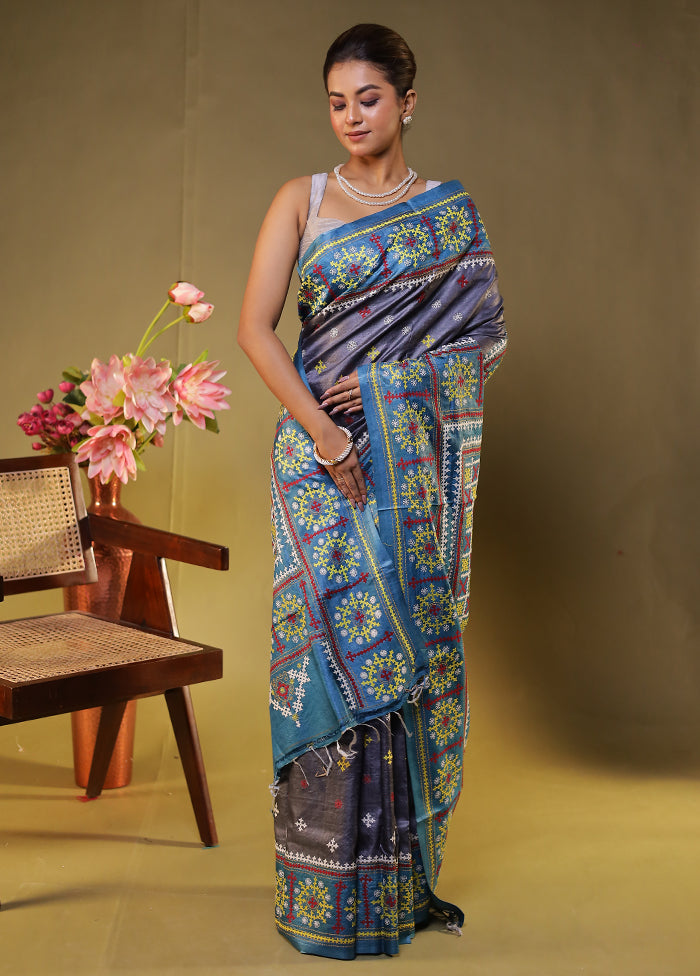 Blue Handloom Kantha Stitch Pure Silk Saree With Blouse Piece