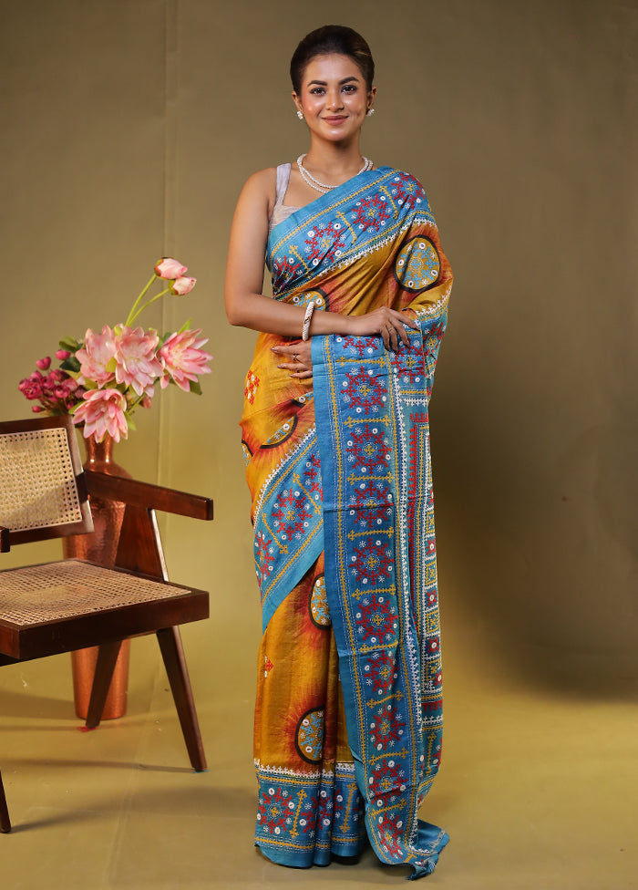 Blue Handloom Kantha Stitch Pure Silk Saree With Blouse Piece