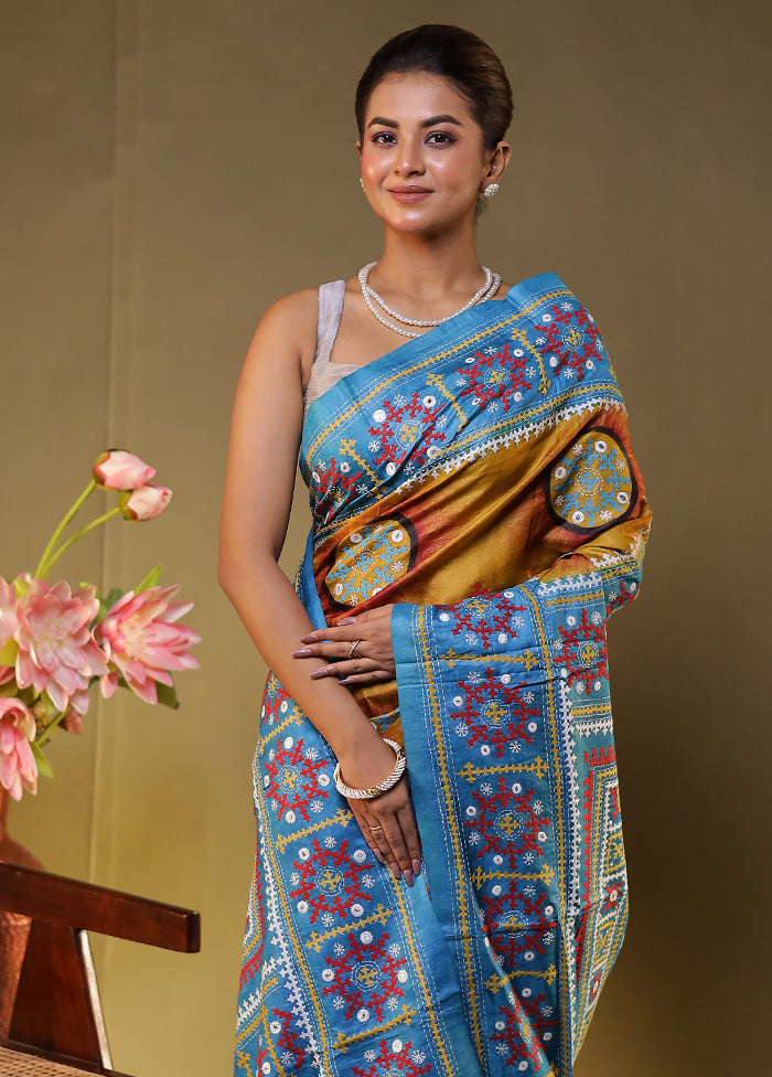 Blue Handloom Kantha Stitch Pure Silk Saree With Blouse Piece