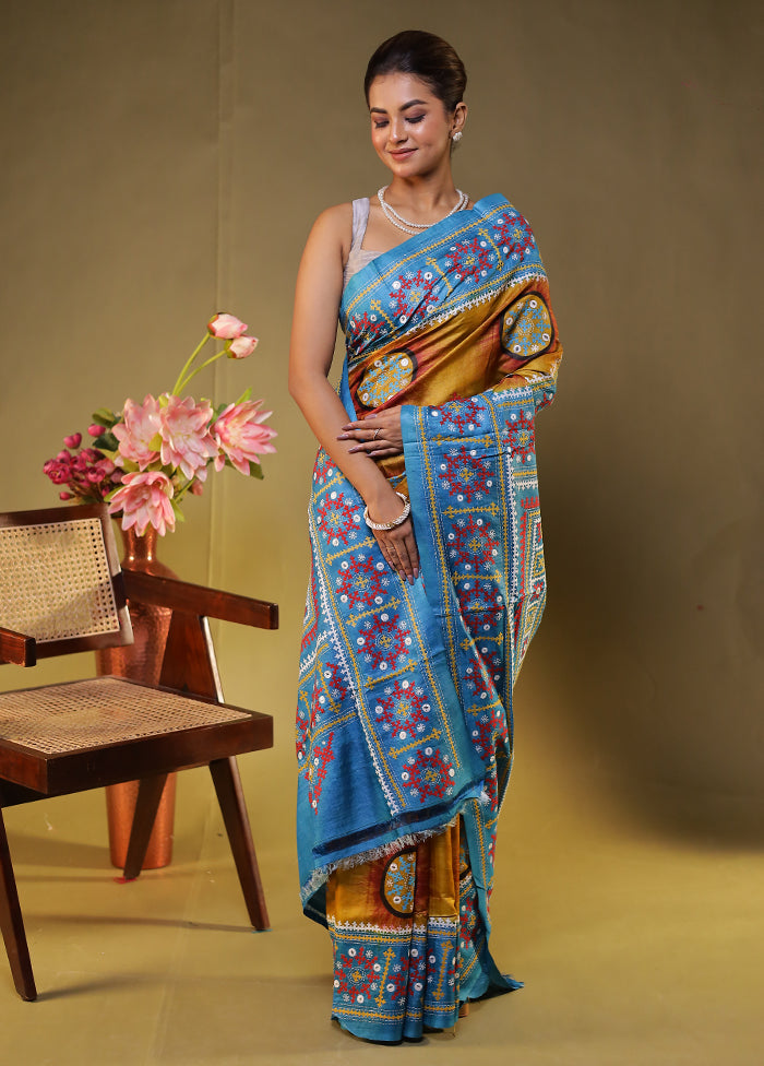 Blue Handloom Kantha Stitch Pure Silk Saree With Blouse Piece