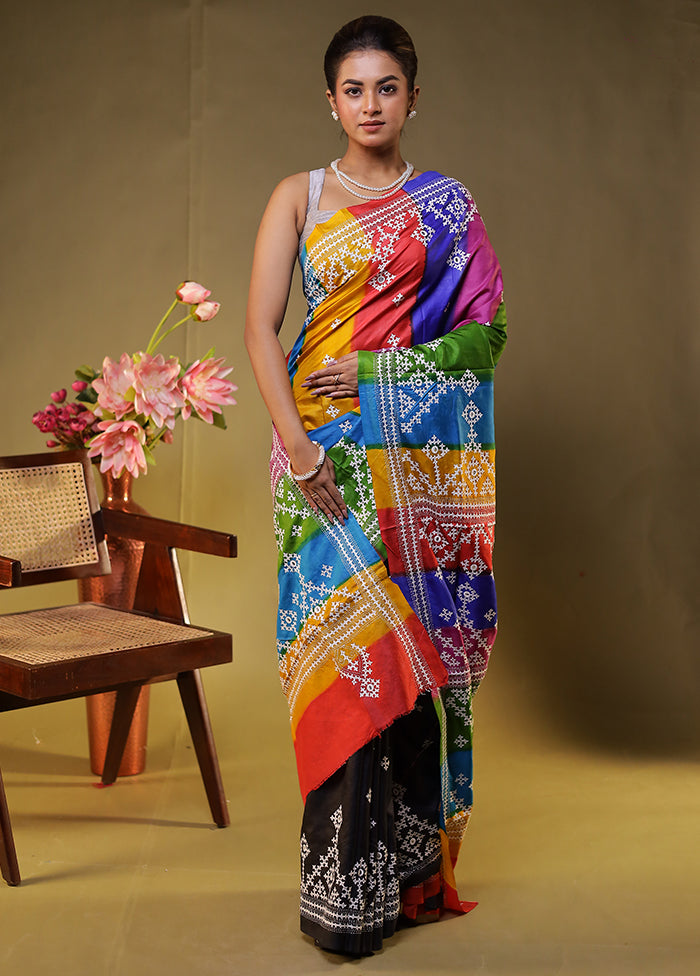 Multicolor Handloom Kantha Stitch Pure Silk Saree With Blouse Piece