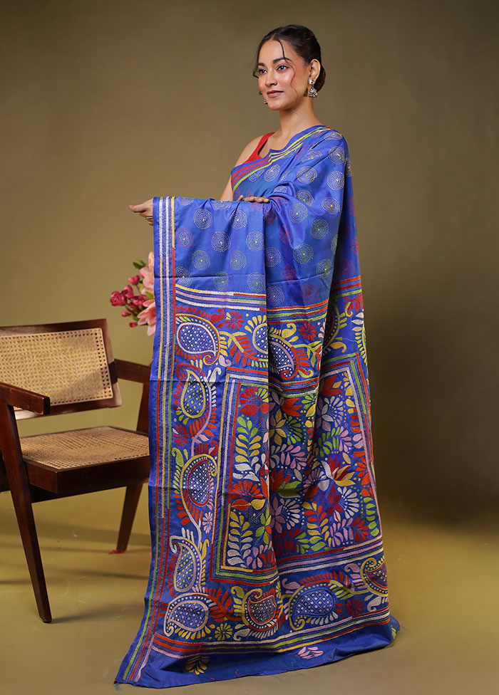 Blue Kantha Stitch Silk Saree With Blouse Piece