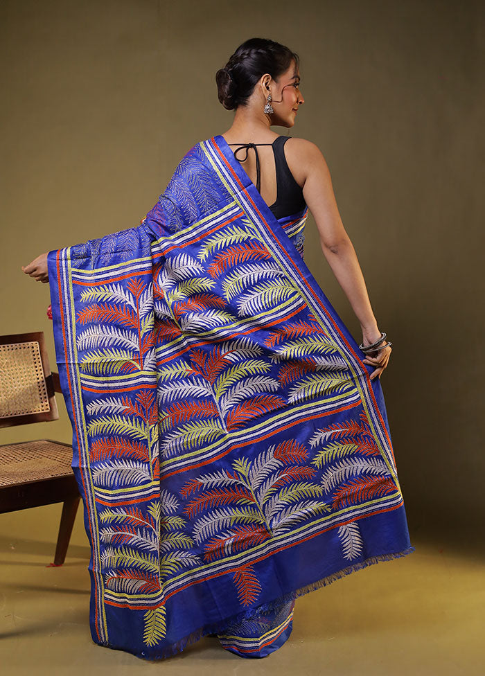 Blue Kantha Stitch Silk Saree With Blouse Piece