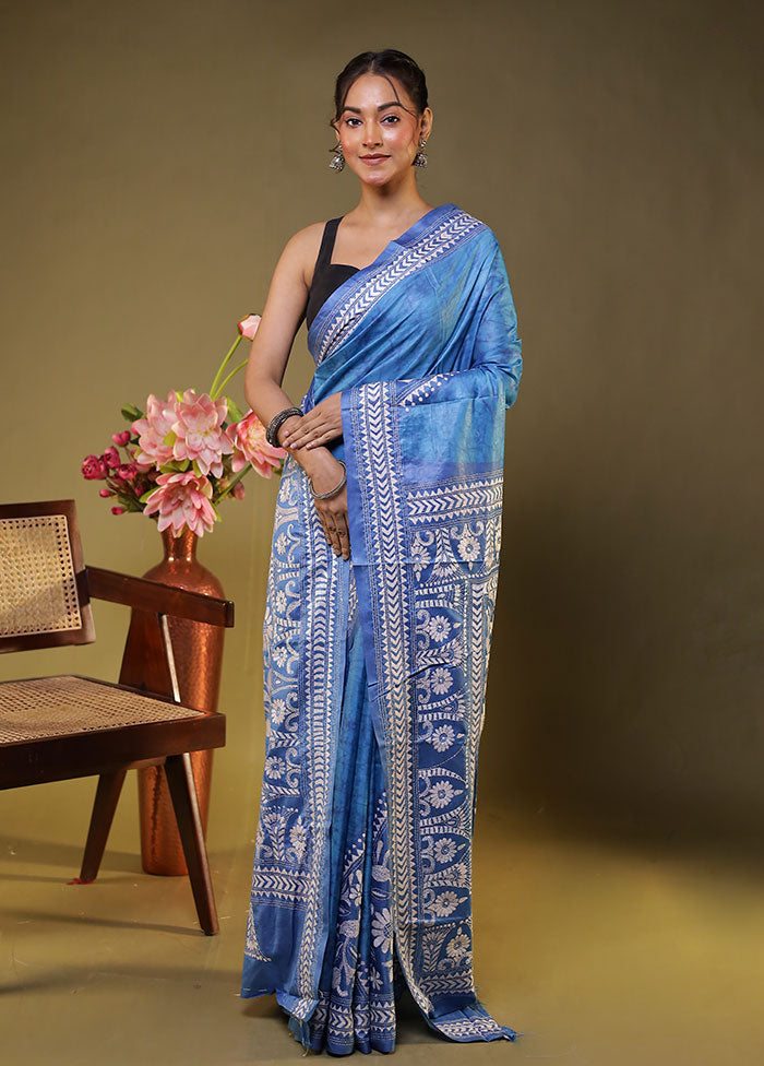 Blue Kantha Stitch Silk Saree With Blouse Piece