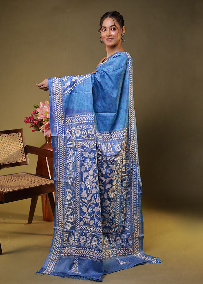 Blue Kantha Stitch Silk Saree With Blouse Piece