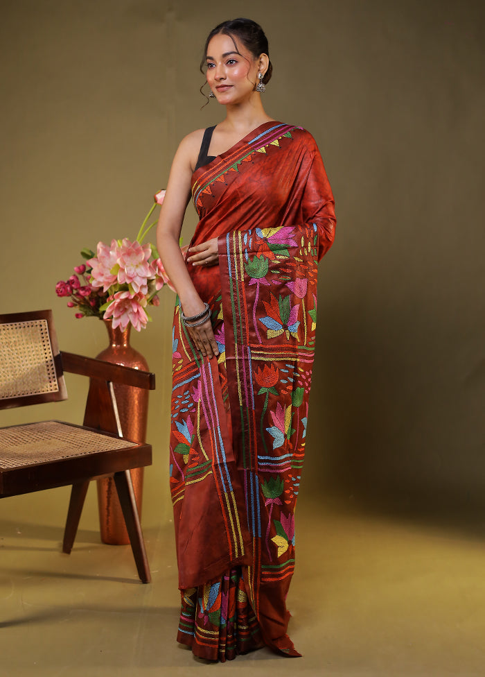 Maroon Kantha Stitch Silk Saree With Blouse Piece