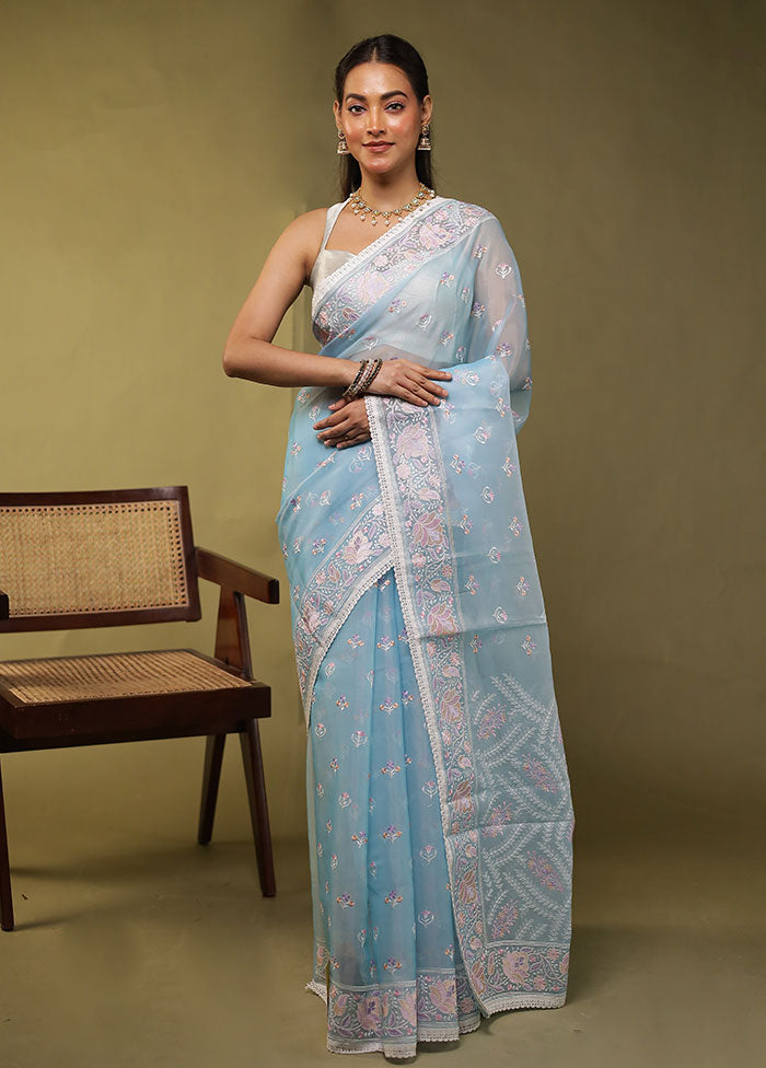 Blue Organza Saree With Blouse Piece