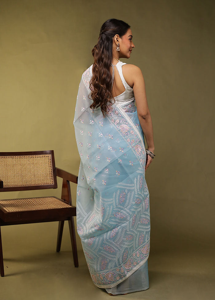 Blue Organza Saree With Blouse Piece