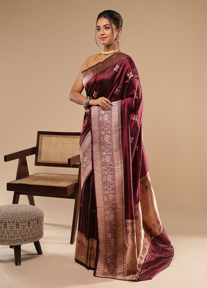 Maroon Handloom Katan Pure Silk Saree With Blouse Piece