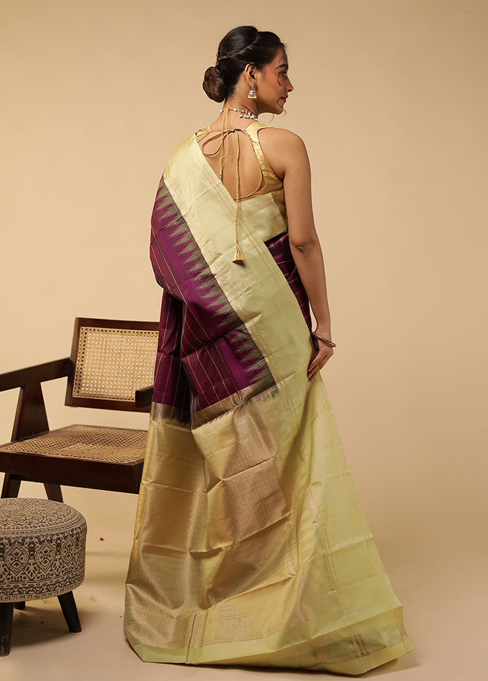 Purple Handloom Kanchipuram Pure Silk Saree With Blouse Piece