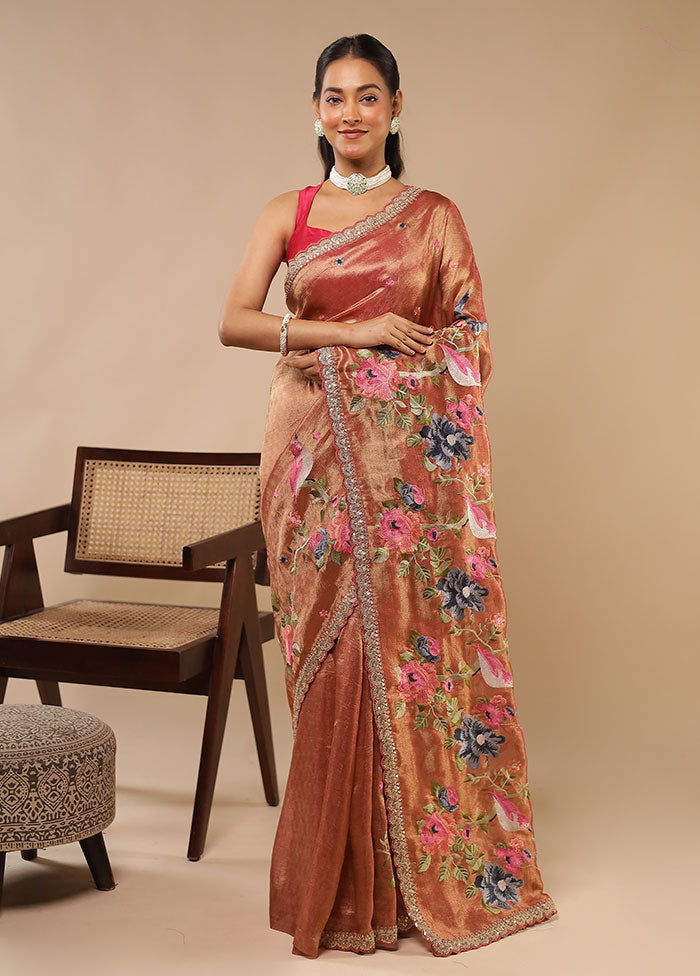 Rust Tissue Silk Saree With Blouse Piece