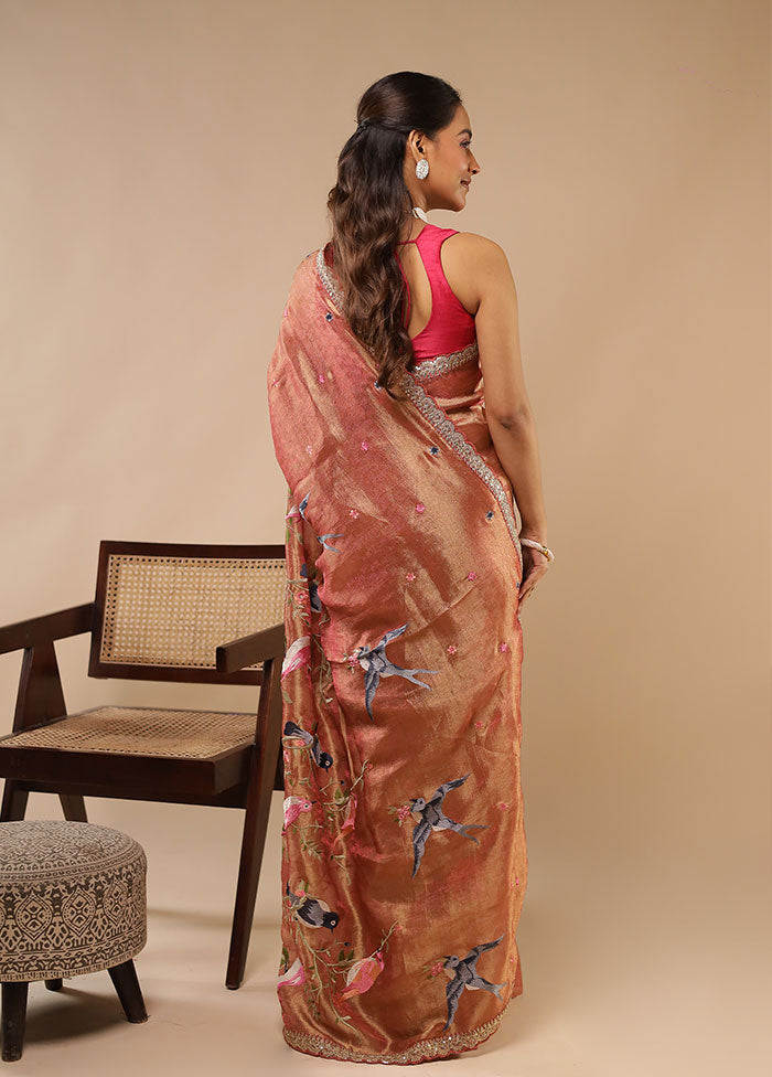 Rust Tissue Silk Saree With Blouse Piece
