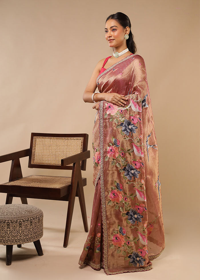 Peach Tissue Silk Saree With Blouse Piece